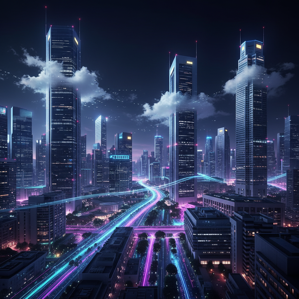 Vista aérea nocturna de una ciudad futurista con numerosos rascacielos iluminados, nubes entre los edificios y autopistas con luces de neón azules y rosas formando senderos brillantes.