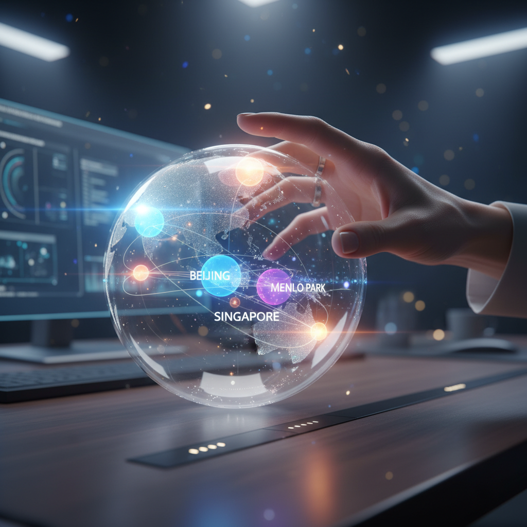 Una mano humana interactúa con un globo terráqueo transparente y brillante que representa un mapa mundial con puntos luminosos y líneas de conexión, mostrando las ciudades de Beijing, Singapur y Menlo Park. Al fondo se observa una pantalla de ordenador con datos en un entorno tecnológico.