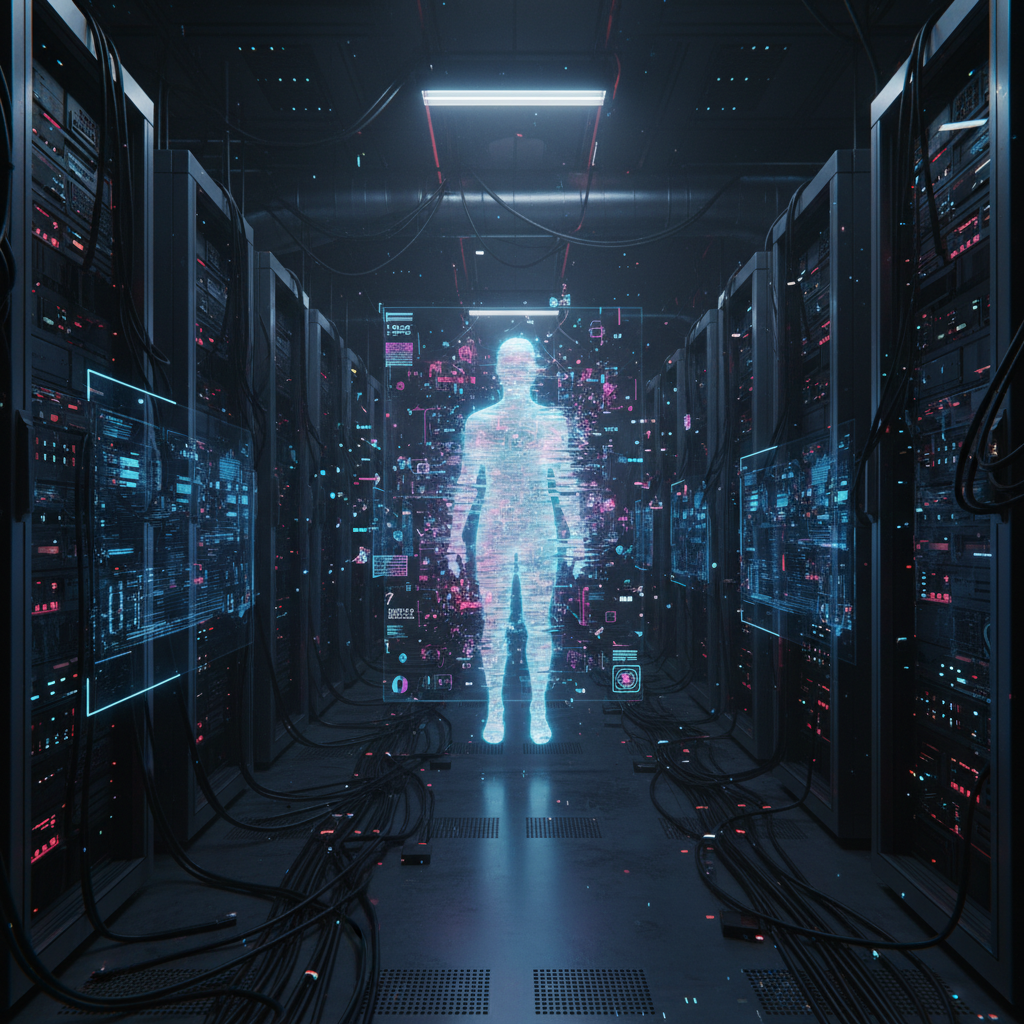 Holograma brillante de una figura humana rodeado de datos digitales y pantallas interactivas en un pasillo de racks de servidores de un centro de datos.