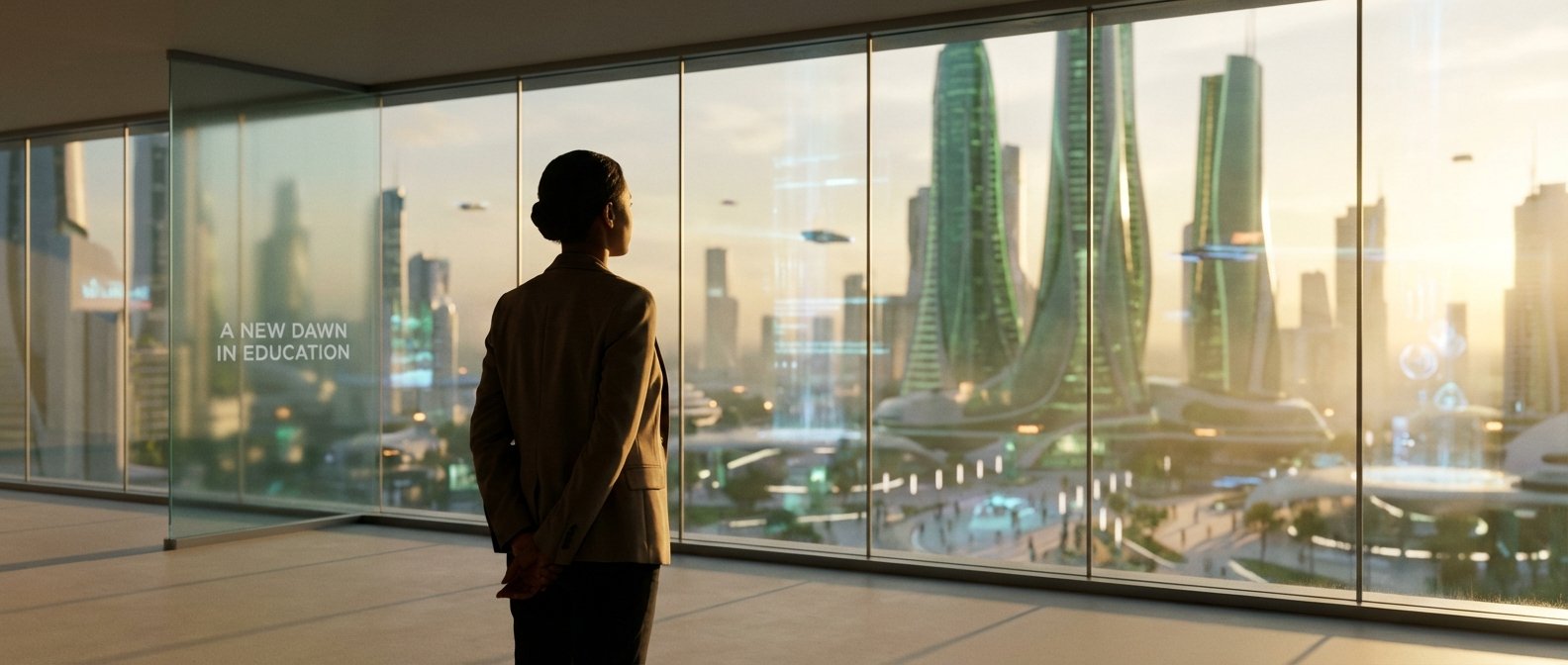 Una mujer de espaldas mira una ciudad futurista al amanecer desde una ventana panorámica, con edificios modernos y vehículos voladores, y el texto 'A NEW DAWN IN EDUCATION' en un panel de cristal.