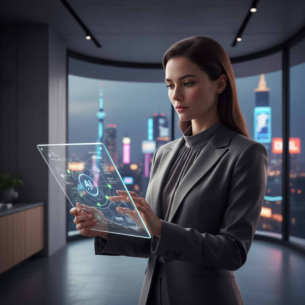 Una mujer vestida con un traje gris interactúa con una tableta holográfica transparente que muestra información y gráficos con el símbolo AI, en una oficina moderna con vistas a una ciudad iluminada de noche.