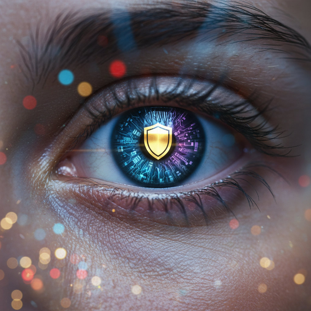 Primer plano de un ojo humano con el iris digitalizado en tonos azules y morados, mostrando patrones de circuitos. En el centro de la pupila hay un escudo dorado de seguridad. Alrededor del ojo, se ven luces bokeh de colores.