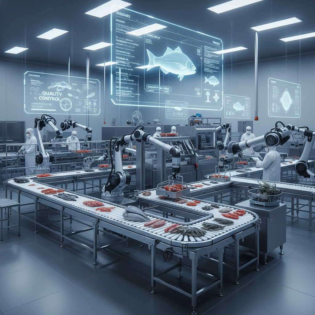 Fábrica de procesamiento de pescado y marisco altamente automatizada con robots, cintas transportadoras y pantallas holográficas interactivas. Diferentes tipos de pescado y marisco son procesados en las cintas, supervisados por operarios vestidos con ropa de protección.