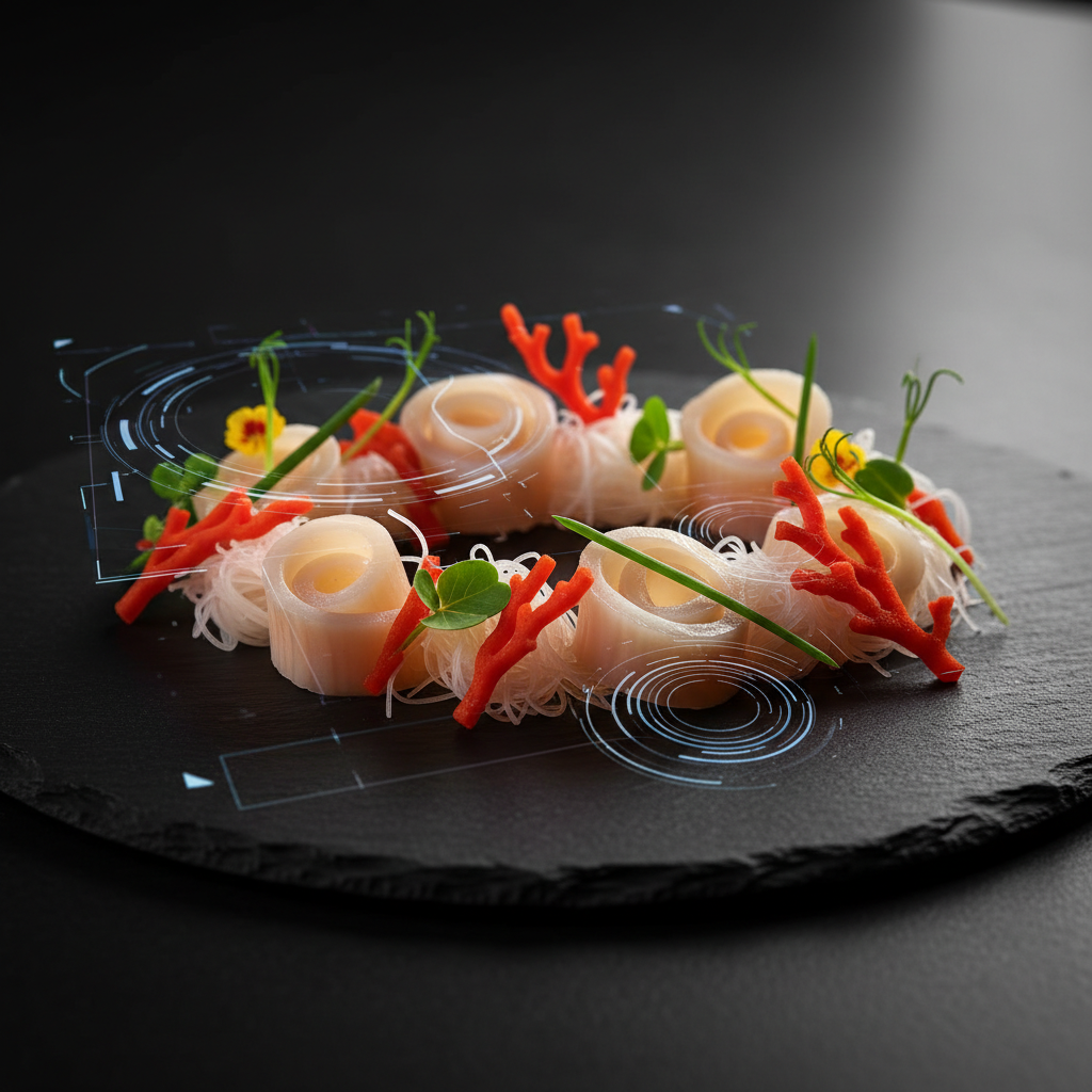 Plato gourmet con rollos de marisco o pescado blanco sobre fideos finos, decorado con coral rojo, brotes verdes y flores amarillas, presentado en un plato de pizarra negra. Incluye superposiciones holográficas azules.