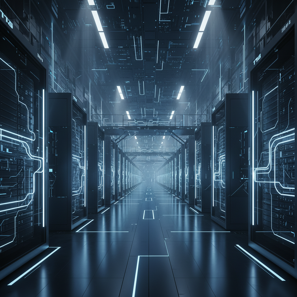 Pasillo de un centro de datos oscuro con hileras de servidores a cada lado. Líneas de luz azul brillante simulan circuitos en los racks y el suelo, extendiéndose en la distancia.