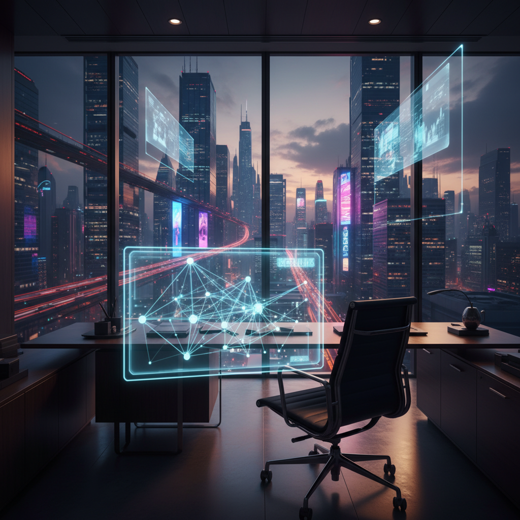 Oficina futurista con una gran ventana que da a una ciudad nocturna, mostrando múltiples pantallas holográficas con datos y una visualización de red sobre un escritorio moderno.