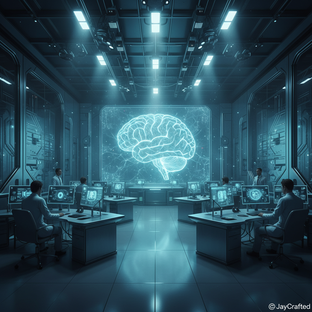 Una sala de control futurista con iluminación azul y cian, donde un gran cerebro humano holográfico brilla en una pantalla central. Varios investigadores con batas están sentados en mesas con múltiples monitores, analizando datos, mientras otros se ven de pie al fondo.