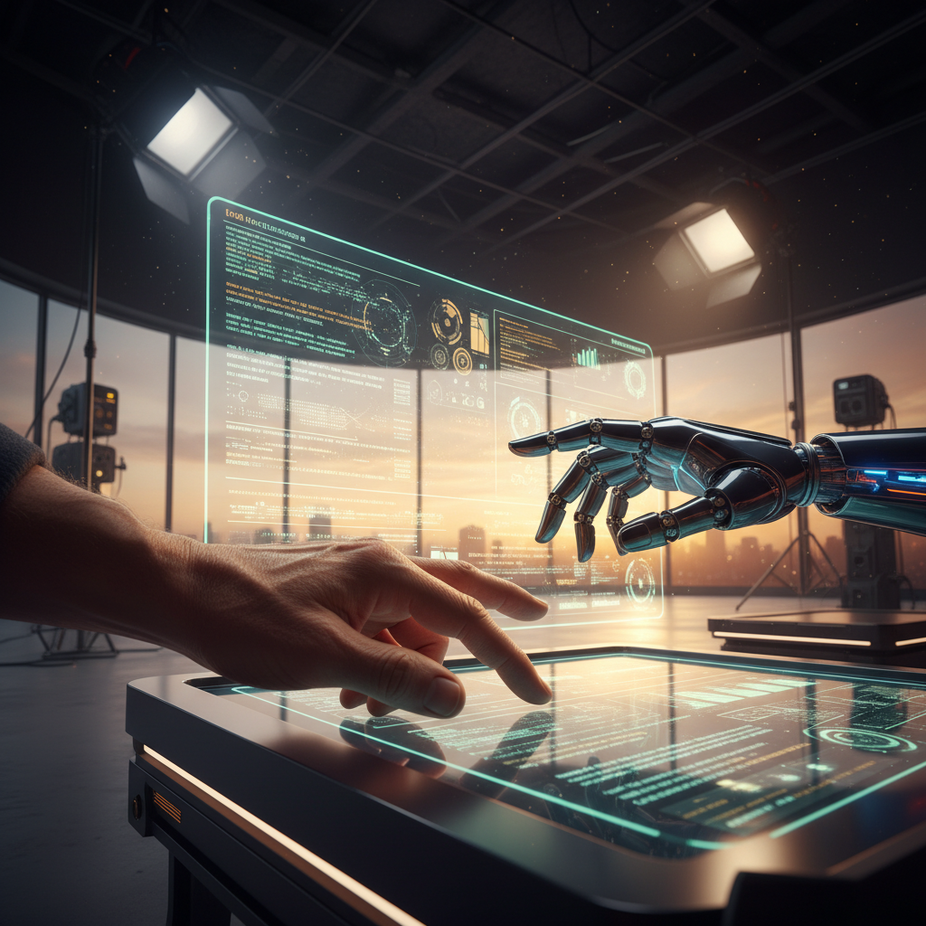 Una mano humana interactúa con una superficie táctil que muestra datos, mientras una mano robótica apunta a una gran pantalla holográfica flotante con código y gráficos. El entorno es un estudio con ventanales y un skyline urbano al atardecer.