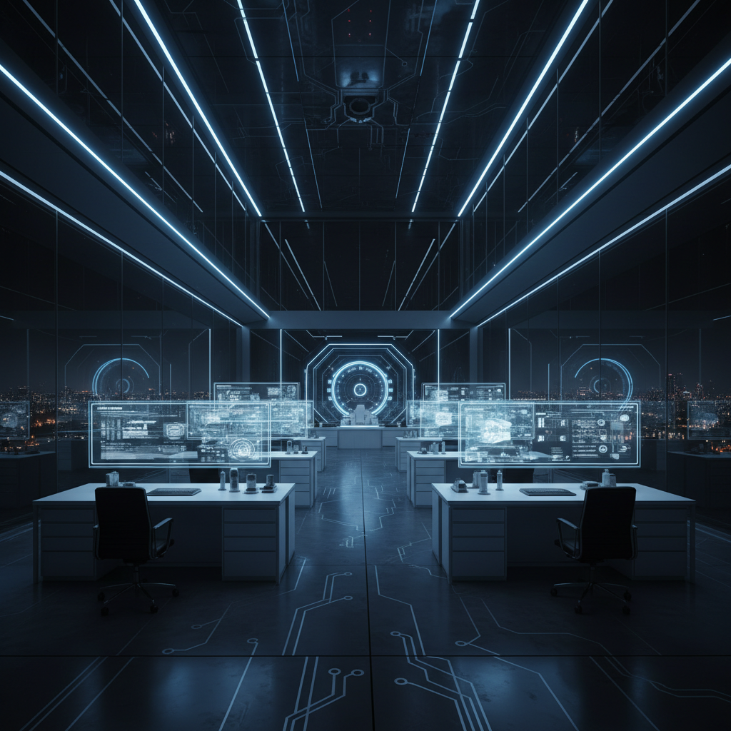 Interior de una sala de control o centro de datos futurista con iluminación LED azul. Se ven escritorios con sillas y múltiples pantallas transparentes que muestran gráficos y datos. El suelo tiene diseños de circuitos y grandes ventanas ofrecen una vista nocturna de una ciudad.
