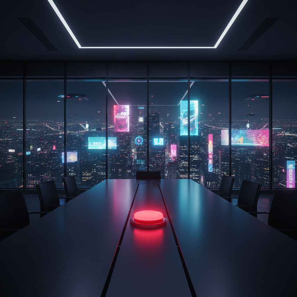 Sala de reuniones futurista con una mesa oscura y un botón rojo brillante en el centro, vista nocturna de una ciudad iluminada con rascacielos, pantallas holográficas de colores y vehículos voladores en el cielo.