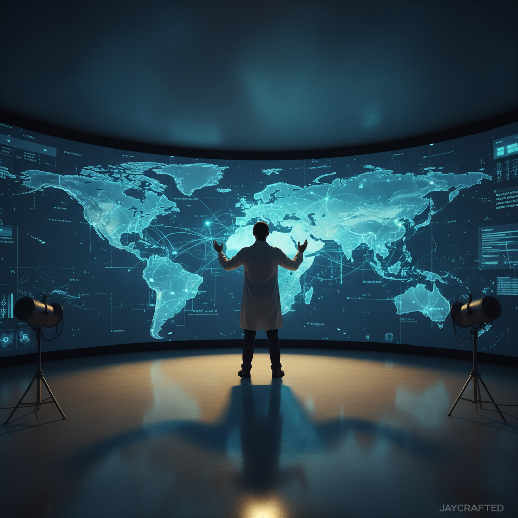 Un analista o científico en bata de laboratorio está de espaldas, con los brazos levantados, observando una gran pantalla curva que proyecta un mapa mundial digital interactivo con redes y datos luminosos en tonos azules. Dos focos en trípodes iluminan la escena en un entorno de sala de control con suelo reflectante.