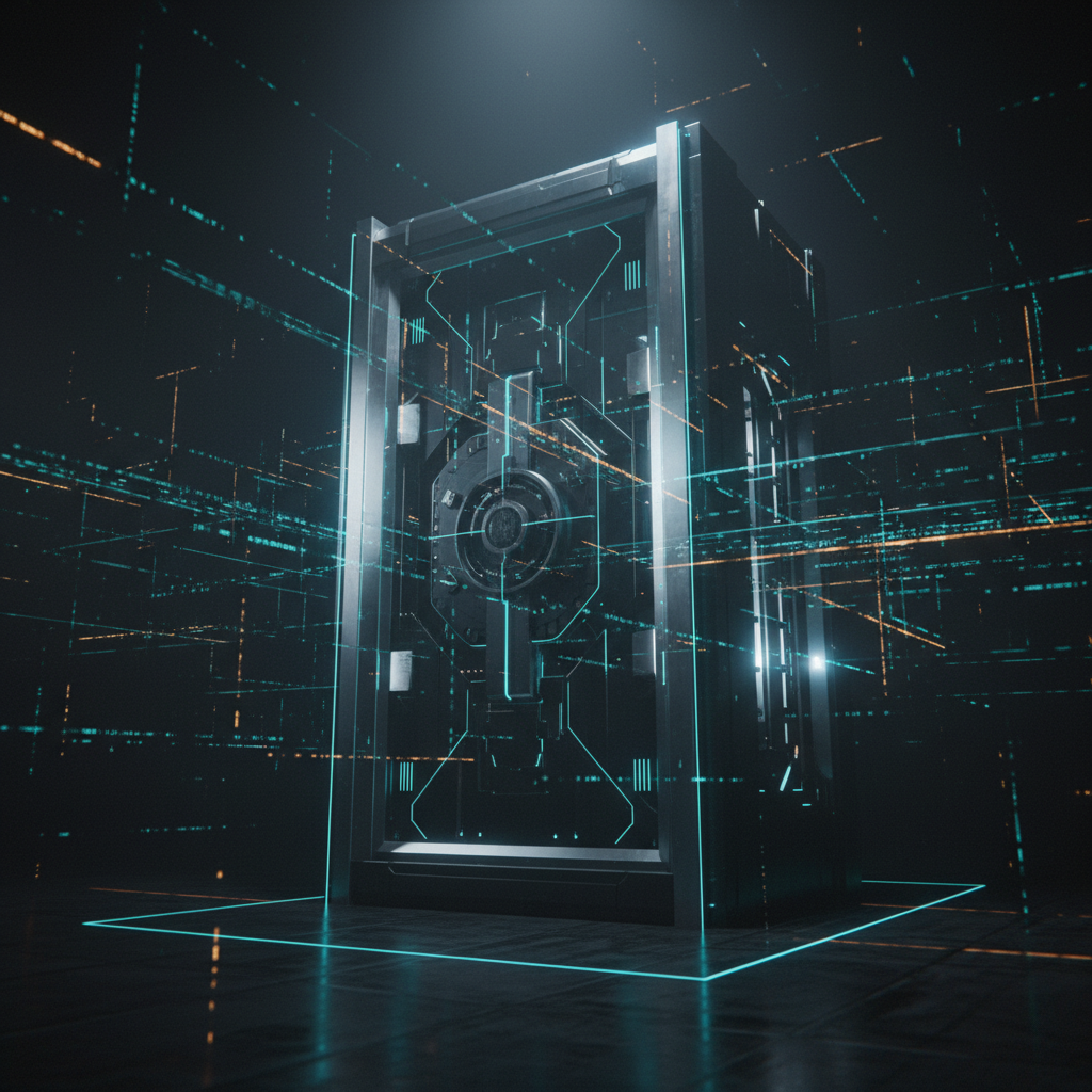 Caja fuerte futurista con cerradura central, rodeada de líneas de datos luminosas en un entorno digital oscuro.
