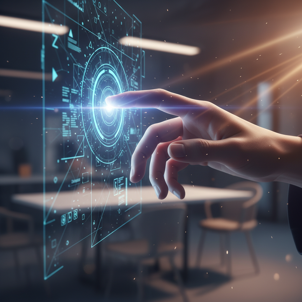 Mano tocando una pantalla holográfica interactiva de color azul brillante, mostrando elementos tecnológicos como círculos, líneas y datos, en un espacio de oficina moderno y difuminado con efectos de luz.