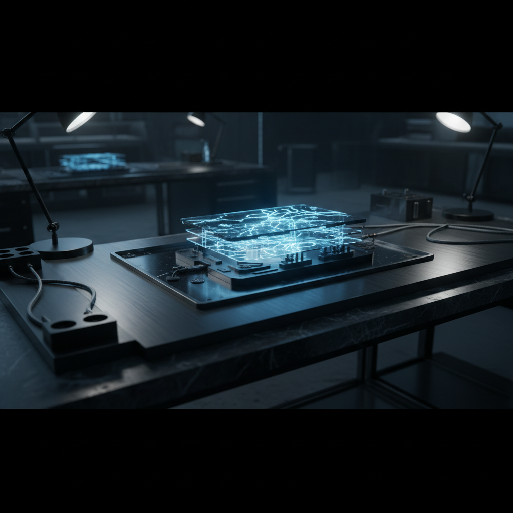 Representación de circuitos electrónicos tridimensionales apilados con líneas luminosas azules sobre una mesa de trabajo en un laboratorio oscuro, iluminado por lámparas de escritorio.