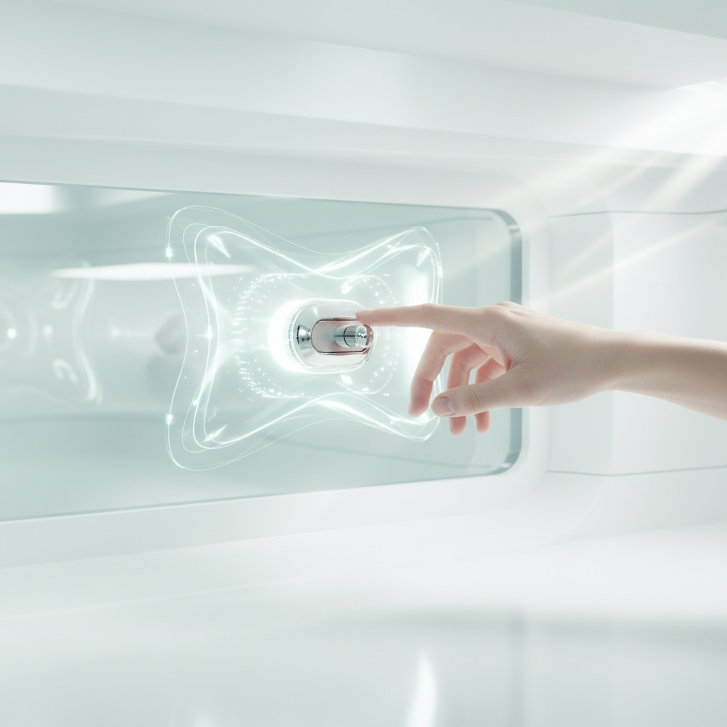 Una mano tocando un botón brillante en un panel de control futurista blanco.