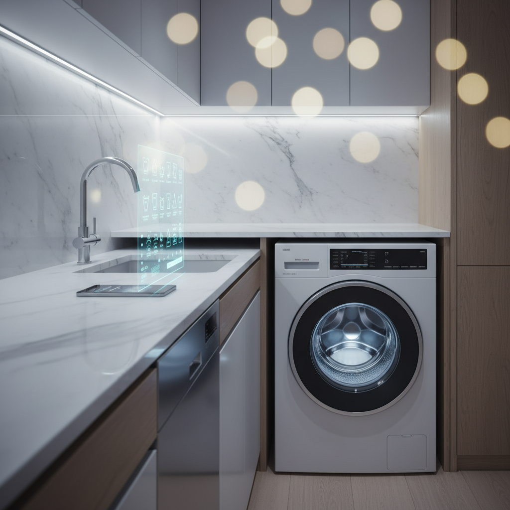 Cocina moderna con encimera de mármol blanco, fregadero, grifo, lavavajillas y lavadora frontal. Una interfaz holográfica con iconos de control de electrodomésticos se proyecta sobre el fregadero, junto a un smartphone en la encimera.