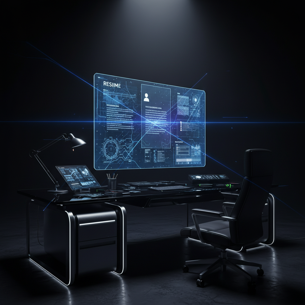 Escritorio de oficina futurista en un entorno oscuro, con una pantalla holográfica grande que muestra un currículum vitae interactivo y datos. Incluye un portátil, teclado, lámpara de escritorio y una silla ergonómica.