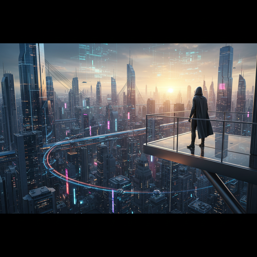 Una persona con capucha y capa oscura está de pie en un balcón de cristal, mirando una extensa ciudad futurista al amanecer o atardecer. La ciudad cuenta con rascacielos modernos, una vía de transporte elevada con luces de neón y proyecciones holográficas en el cielo.