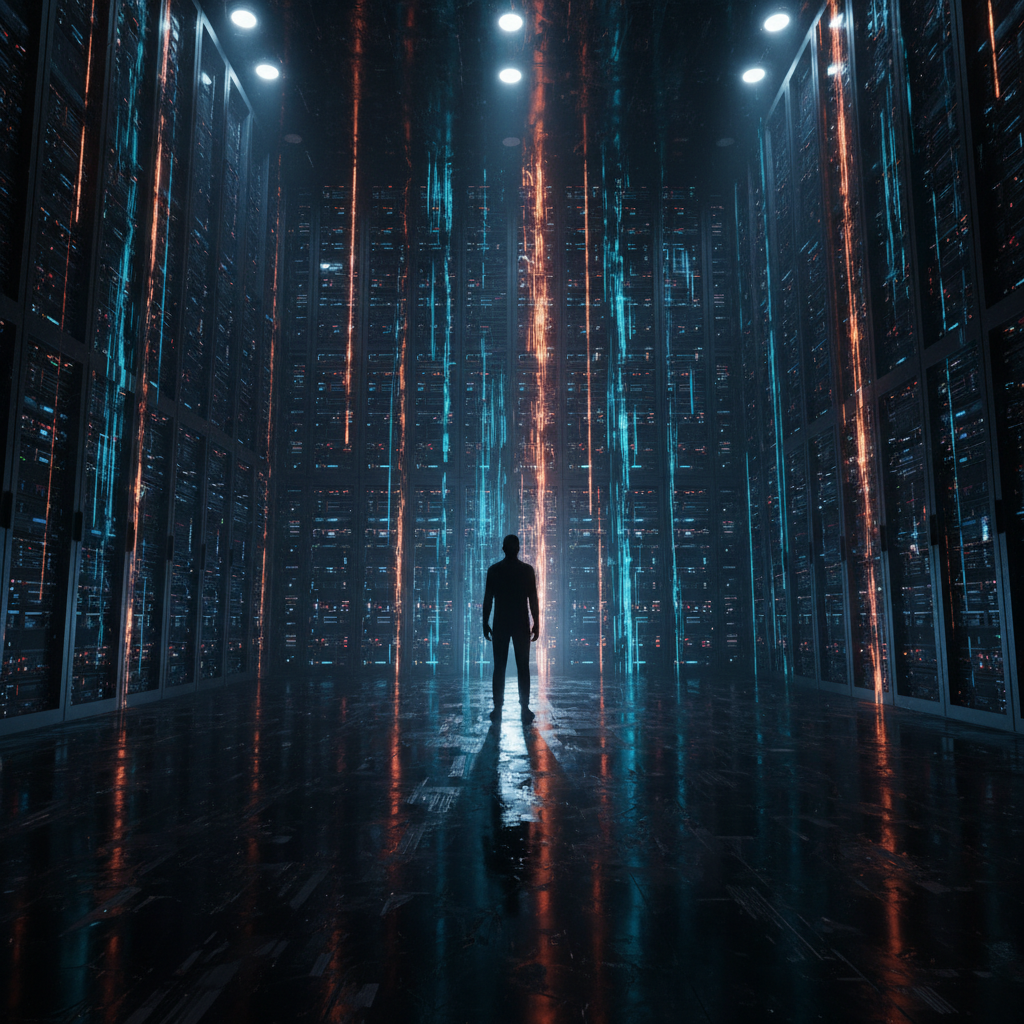 Silueta de una persona de pie en medio de un gran centro de datos con hileras de servidores a cada lado y flujos de datos luminosos de colores azul y naranja reflejados en el suelo oscuro y brillante.} {
