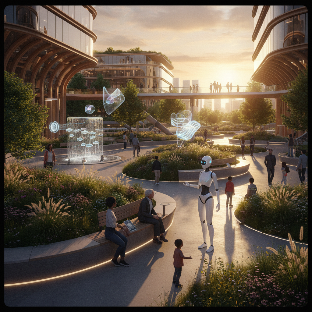 Parque urbano moderno al atardecer con un robot blanco interactuando con un niño, una fuente con peces holográficos, personas paseando y edificios con arquitectura innovadora y zonas verdes iluminadas.