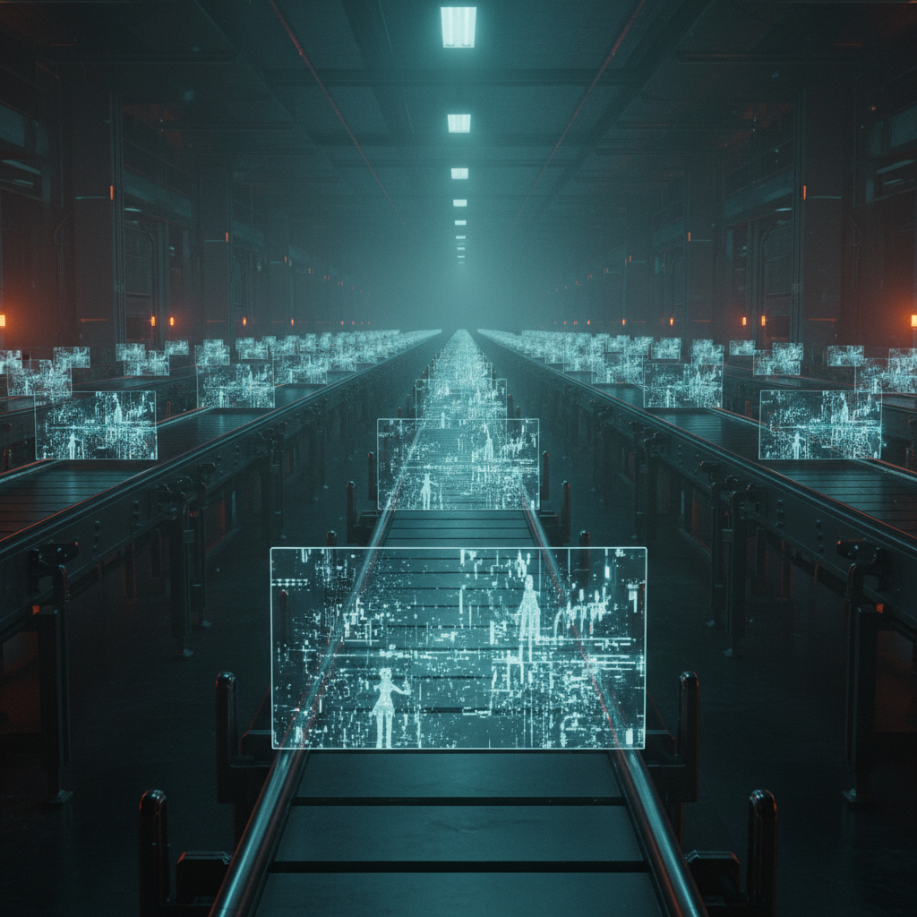 Largo pasillo industrial con múltiples cintas transportadoras. Sobre ellas, pantallas holográficas azules y translúcidas exhiben figuras humanas digitales hechas de datos y circuitos, sugiriendo una línea de producción futurista.