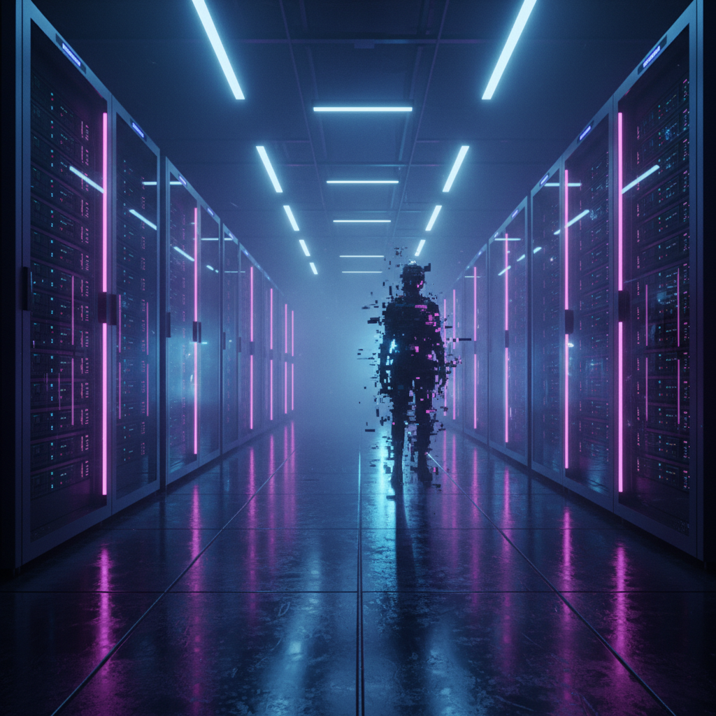 Corredor futurista de centro de datos con filas de servidores iluminados por luces neón azules y rosas. Una figura humanoide digital se desintegra o materializa en el pasillo.