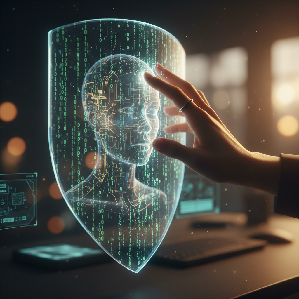 Mano tocando una pantalla holográfica en forma de escudo que muestra una cabeza de inteligencia artificial con circuitos y código binario, en un entorno tecnológico oscuro.