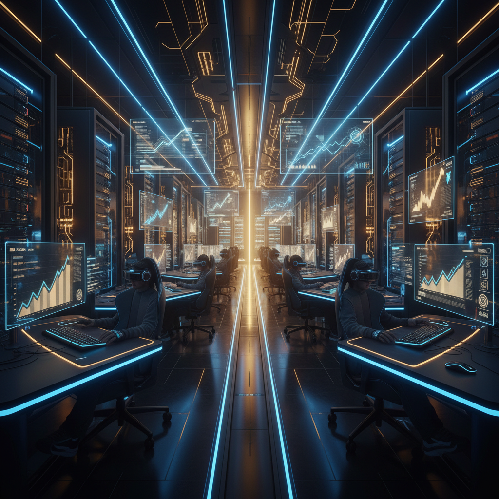 Sala de control futurista con personas usando gafas de realidad virtual en escritorios con luces de neón azul. Varias pantallas muestran gráficos de datos y servidores de red, en un entorno iluminado con tonos azules y naranjas.