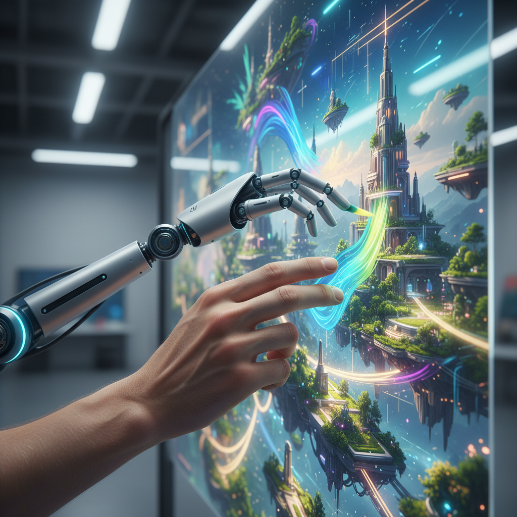 Mano humana y brazo robótico interactuando conjuntamente con una pantalla transparente que muestra un mundo virtual futurista de islas flotantes y edificios, con estelas de luz vibrantes.