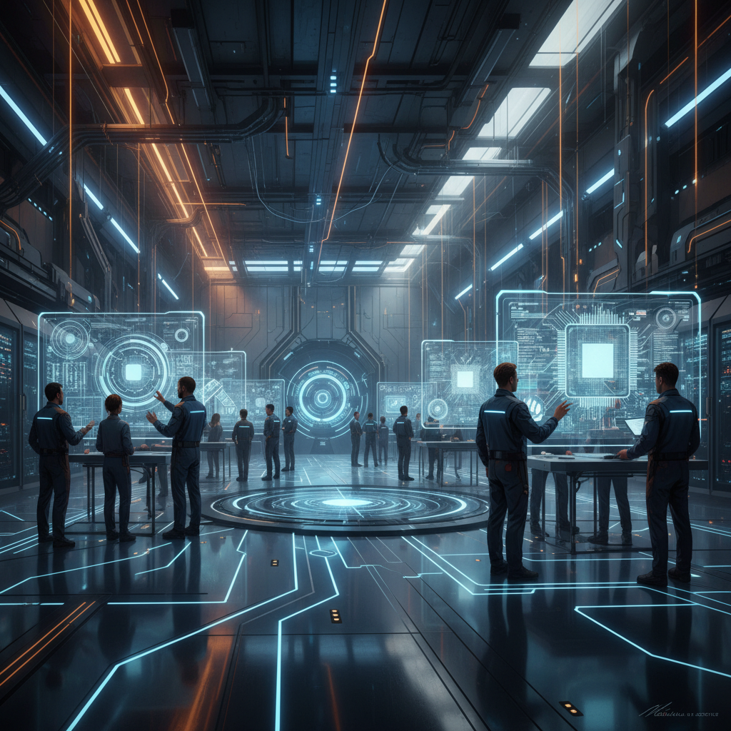 Ingenieros en una sala de control futurista interactuando con pantallas holográficas que muestran circuitos y datos, en un entorno de alta tecnología con luces azules y naranjas.