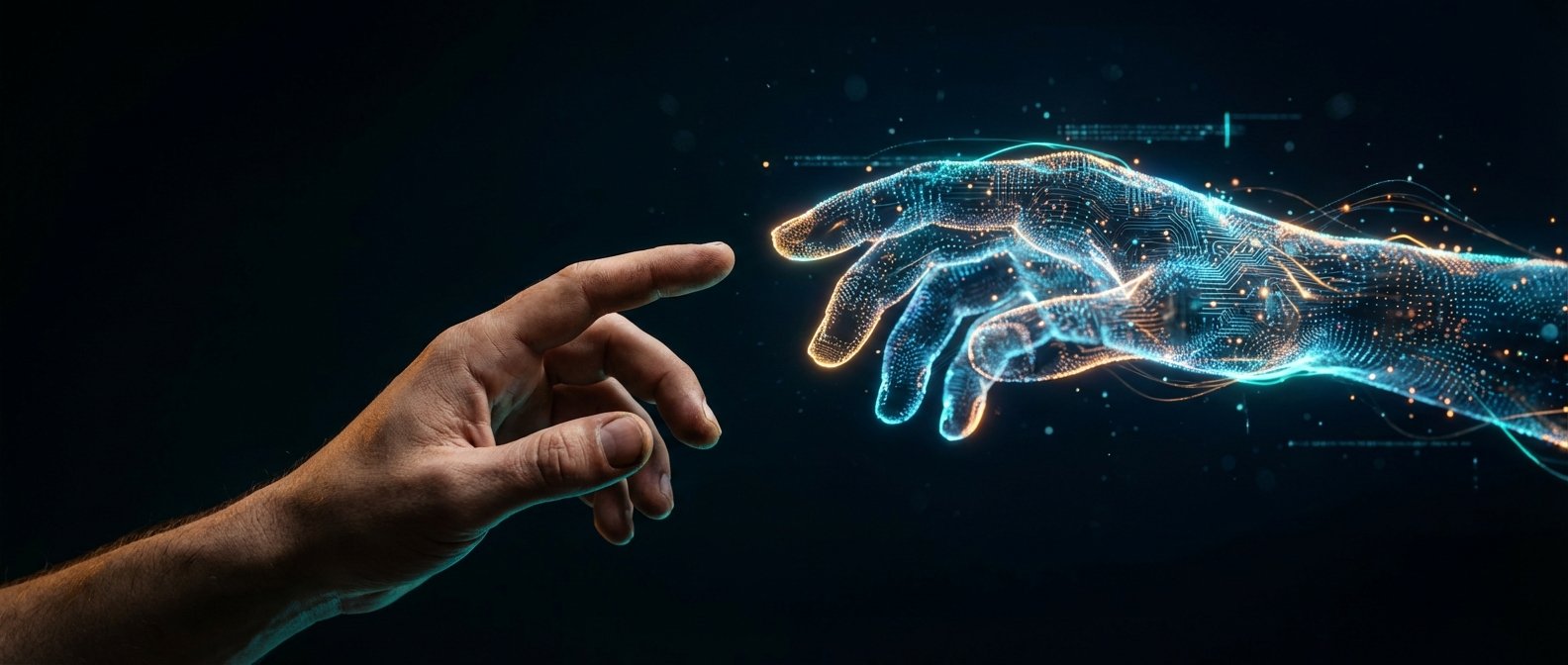 Una mano humana real extiende su dedo índice hacia una mano digital brillante hecha de circuitos, puntos de luz y líneas de datos en un fondo oscuro.