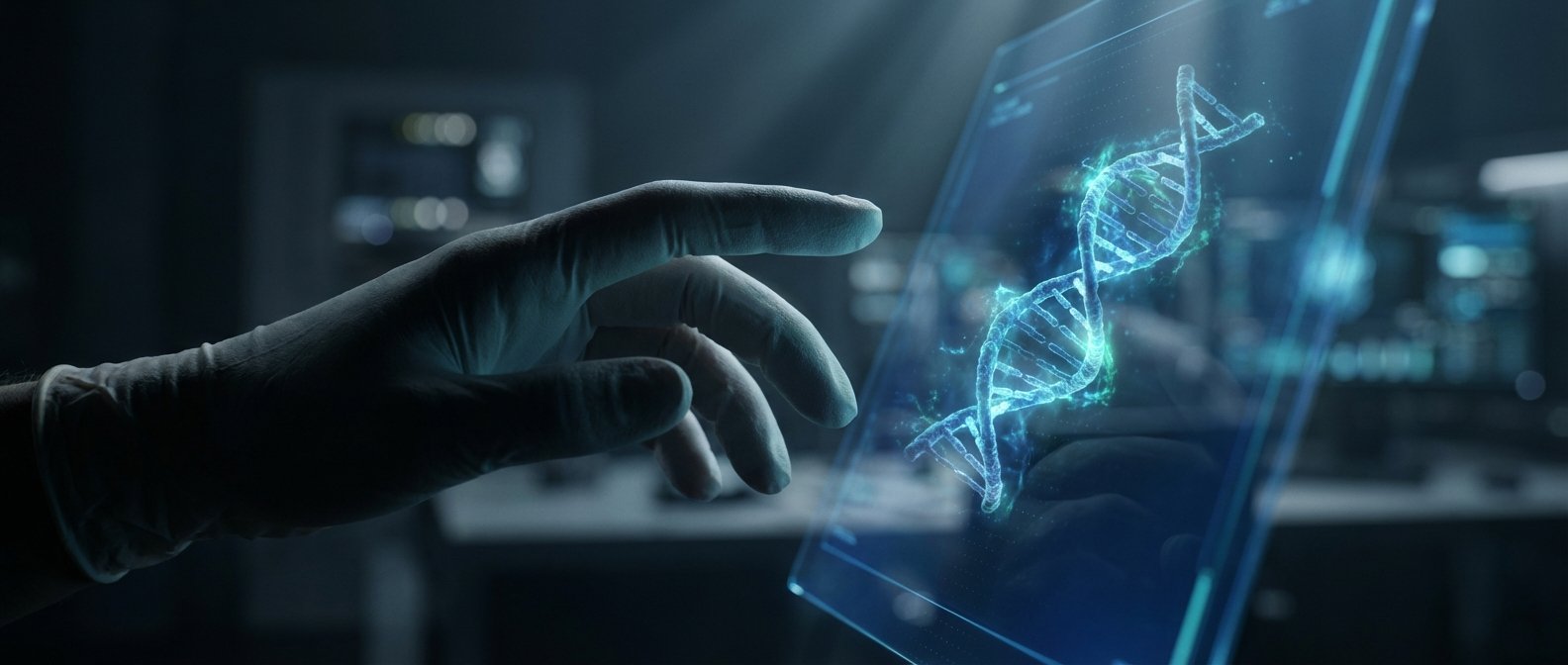 Mano enguantada tocando una pantalla transparente que muestra una molécula de ADN azul brillante, en un laboratorio de investigación con iluminación tenue.