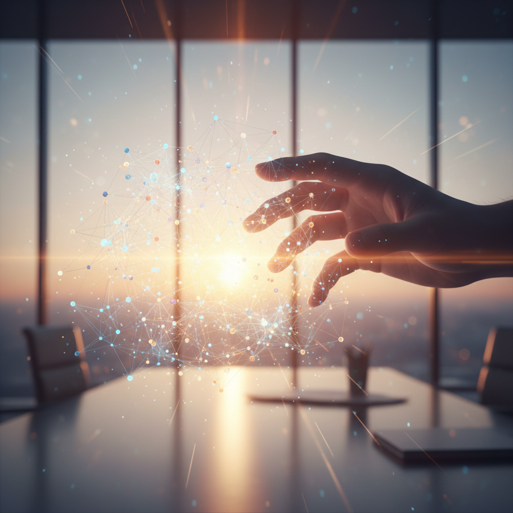 Mano de persona interactuando con una red de puntos luminosos y conectados que flota en una oficina moderna con ventanales que muestran un atardecer.