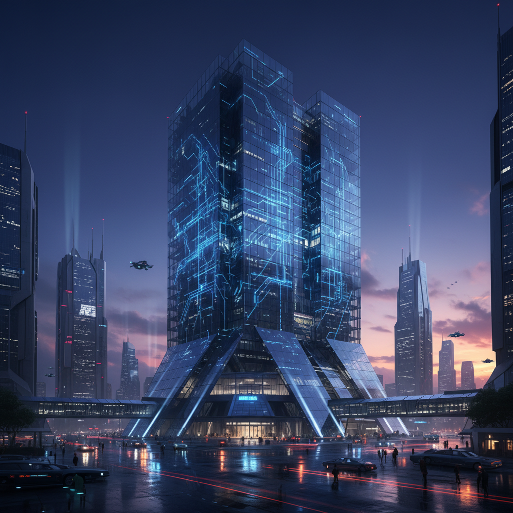 Ciudad futurista al anochecer con un rascacielos central de cristal iluminado por patrones azules de circuito. Se observan otros edificios altos, vehículos voladores y calles mojadas con luces de coches y peatones.