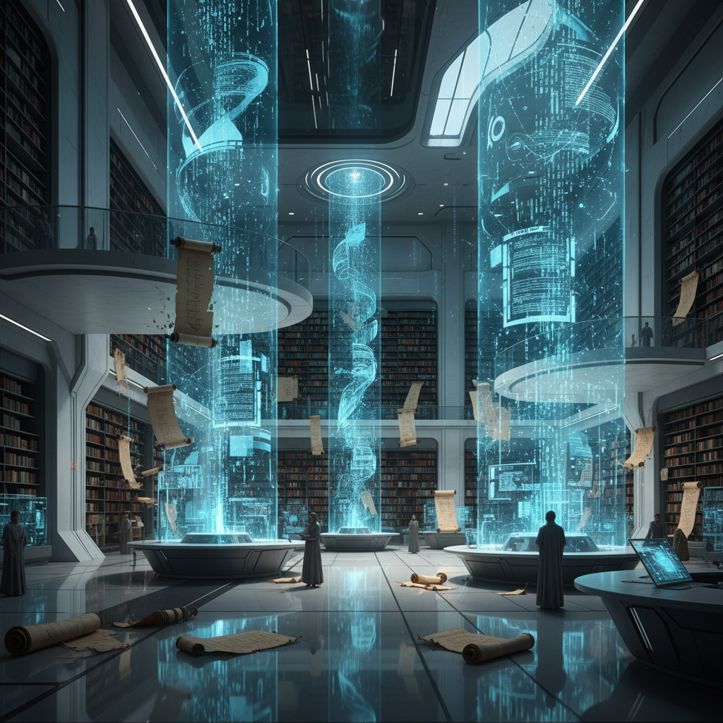 Una biblioteca futurista de varios niveles con estanterías repletas de libros. En el centro, grandes pilares de luz azul translúcidos exhiben flujos de datos digitales y texto holográfico. Varias figuras con túnicas observan los pilares. Rollos de pergamino antiguos flotan en el aire y están esparcidos por el suelo reflectante.
