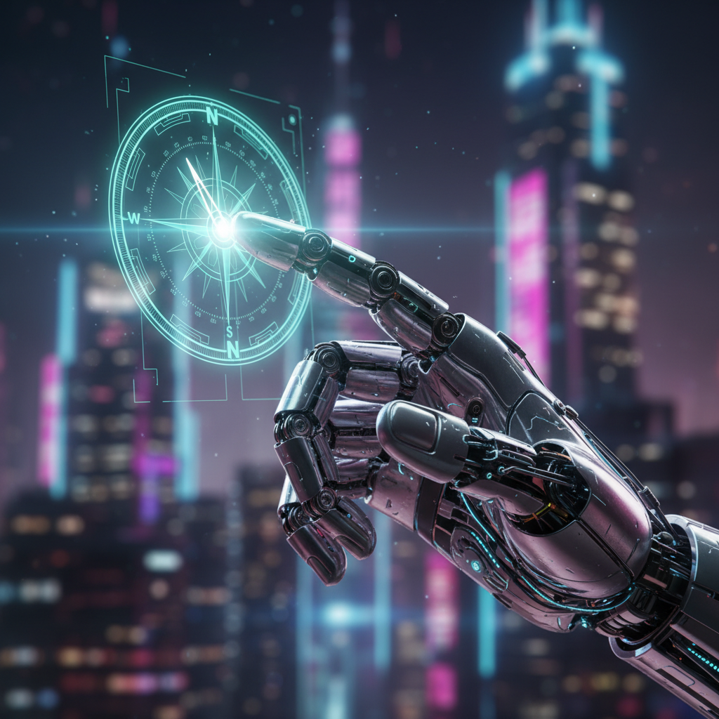 Una mano robótica metálica toca una brújula digital holográfica y brillante, proyectada sobre un fondo de ciudad nocturna borroso con luces de neón.