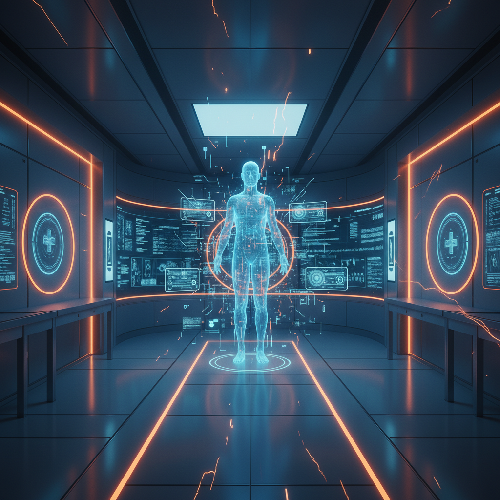 Representación holográfica de un cuerpo humano translúcido en un laboratorio futurista de alta tecnología. La sala está iluminada con luces de neón azules y naranjas, y cuenta con pantallas digitales que muestran datos complejos, gráficos y código médico.