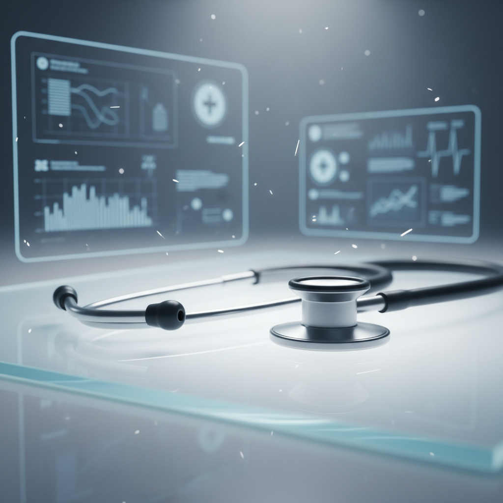 Estetoscopio sobre una superficie reflectante con pantallas holográficas que muestran gráficos y datos médicos al fondo.
