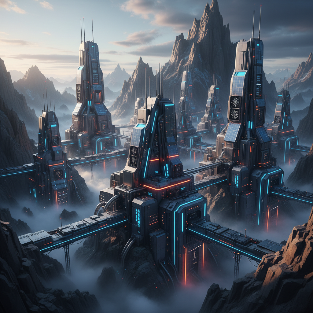 Complejo arquitectónico futurista con torres angulares iluminadas con luces de neón azules y naranjas, interconectadas por puentes sobre un paisaje montañoso cubierto de niebla.