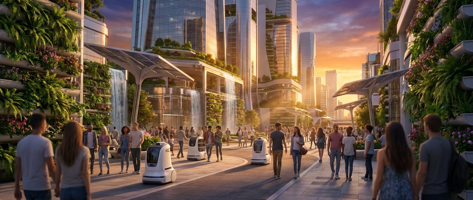 Una ciudad futurista y sostenible al atardecer, con modernos rascacielos que integran jardines verticales, cascadas y paneles solares. Se ven numerosas personas caminando por una avenida amplia y algunos robots de reparto autónomos.