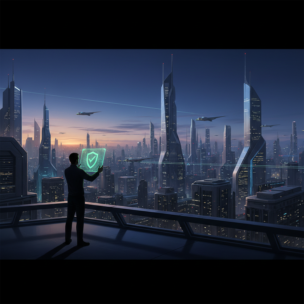Un hombre de espaldas en una terraza sostiene una pantalla holográfica con un escudo de seguridad verde. Detrás se ve una ciudad futurista al atardecer, con rascacielos iluminados, vehículos voladores y redes de luz.