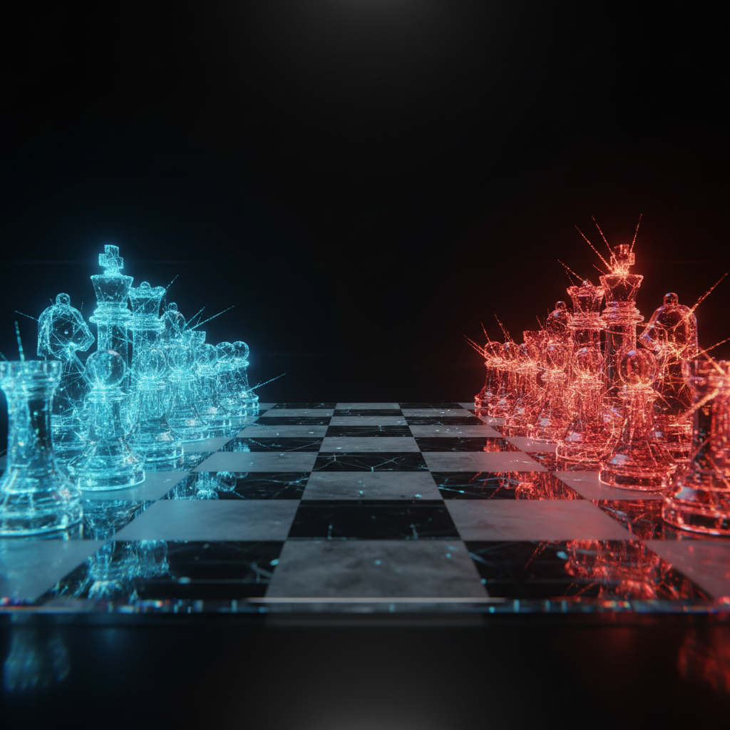 Tablero de ajedrez con piezas digitales luminosas de color azul y rojo, en posición inicial sobre un fondo oscuro.