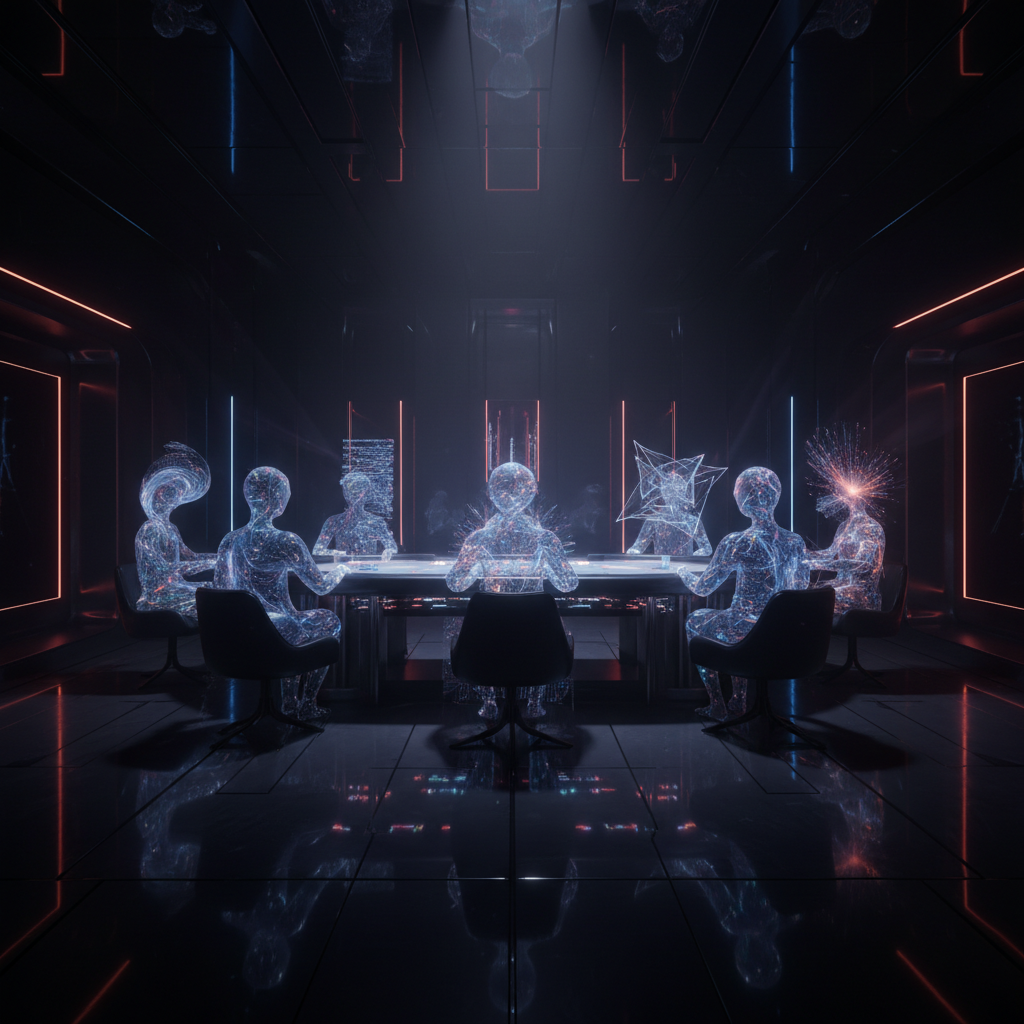 Ocho figuras humanas translúcidas y luminosas, formadas por puntos de luz y líneas, sentadas alrededor de una mesa oscura y reflectante. La sala es futurista, con paredes y techo negros y líneas de neón azul y rojo.