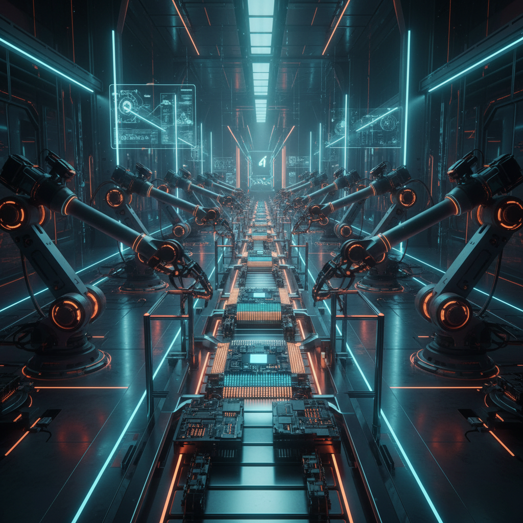 Fábrica futurista y automatizada con hileras de brazos robóticos industriales a ambos lados de una línea de ensamblaje central. La línea transporta placas de circuitos electrónicos que brillan en azul y naranja. El entorno está iluminado con luces de neón azules y naranjas y muestra paneles holográficos.