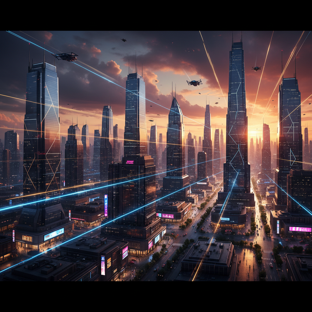 Una ciudad futurista al atardecer con numerosos rascacielos modernos, algunos con iluminación integrada y patrones geométricos. Haces de luz azules y naranjas cruzan el cielo y entre los edificios, mientras varios drones vuelan. Las calles están iluminadas con tráfico y personas.