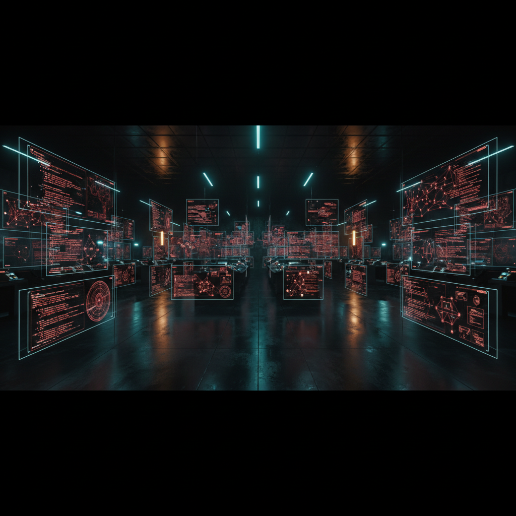 Sala de control futurista con múltiples pantallas holográficas que muestran datos complejos, código y gráficos de red en un entorno oscuro y tecnológico con iluminación azul y naranja.