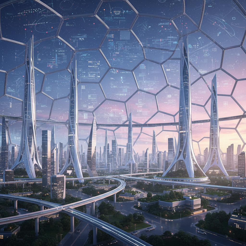 Vista panorámica de una ciudad futurista bajo una gran cúpula de cristal con estructura hexagonal. La superficie interior de la cúpula muestra datos y gráficos digitales. La ciudad cuenta con rascacielos modernos y estilizados, carreteras elevadas y espacios verdes exuberantes, con un atardecer de tonos rosados y azules visible a través del cristal.