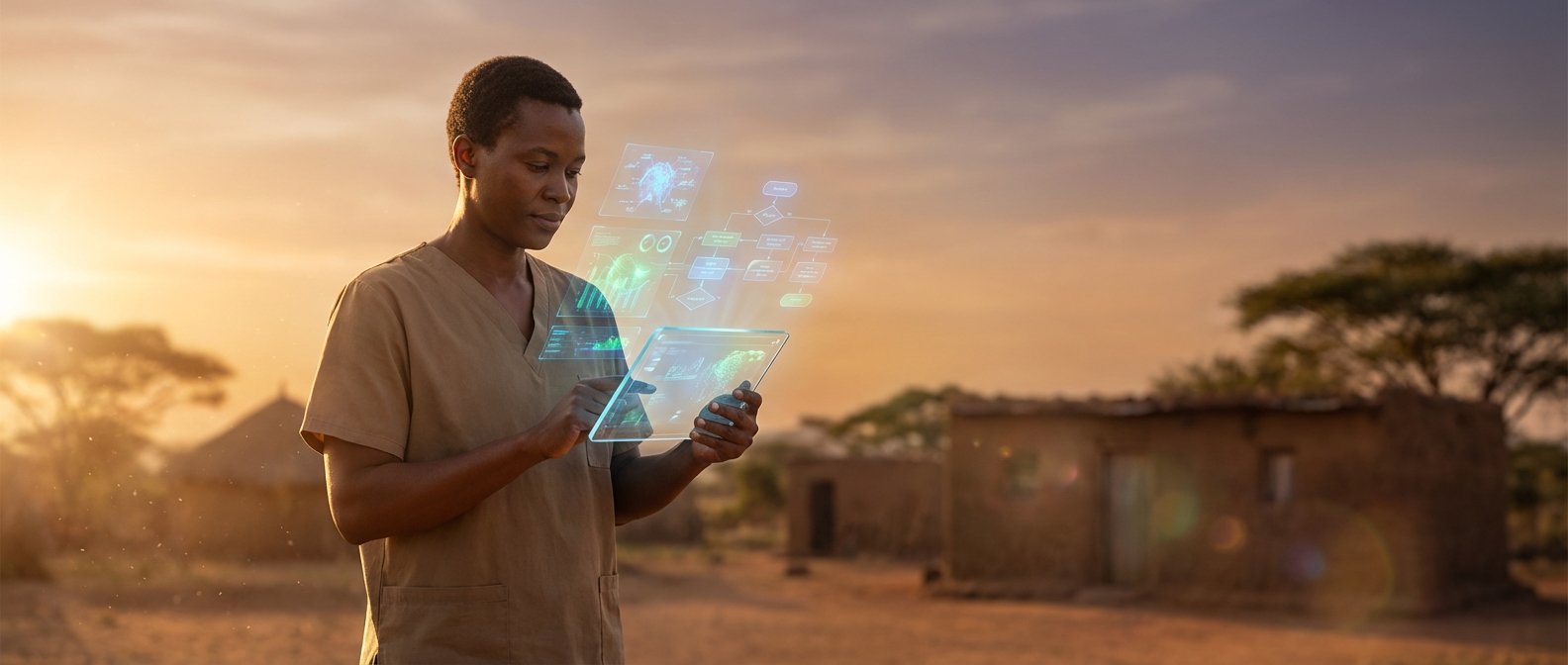 Mujer africana en un entorno rural al atardecer, usando una tableta transparente con visualizaciones de datos y un diagrama de flujo holográficos.
