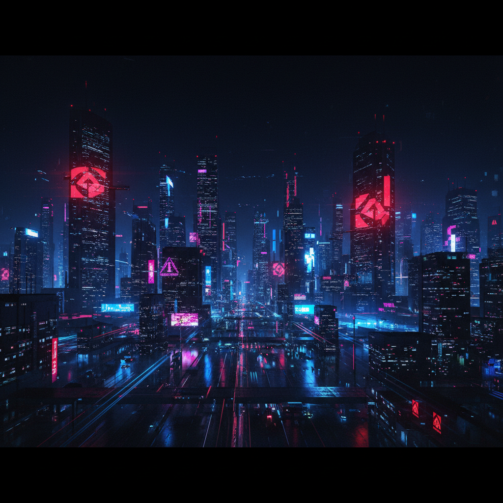 Panorámica de una ciudad futurista nocturna con rascacielos y carreteras iluminadas por intensas luces de neón en tonos azules, cian y magenta. Se aprecian reflejos en las superficies mojadas y estelas de vehículos.