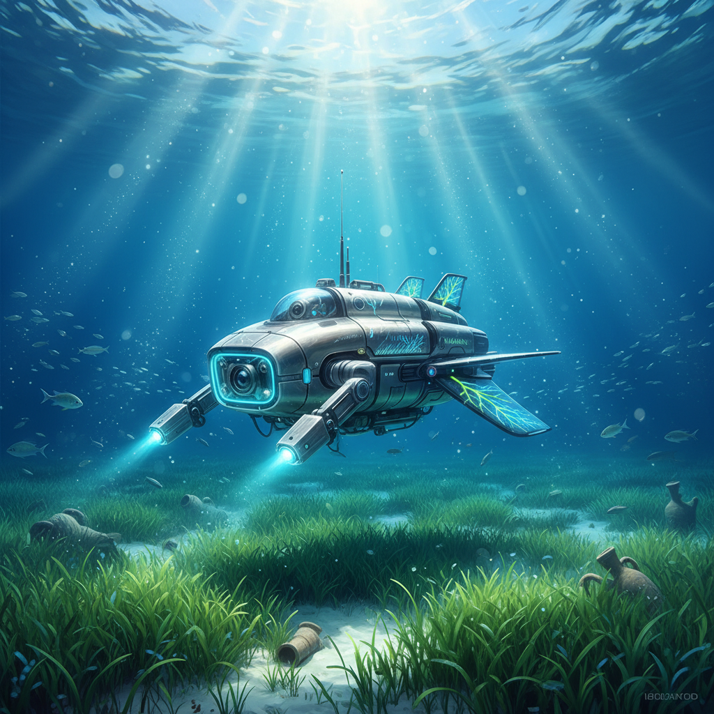 Un submarino o dron futurista plateado con luces azules y aletas verdes brillantes explorando un lecho marino con algas, vasijas antiguas y bancos de peces, bajo la luz solar que atraviesa el agua.